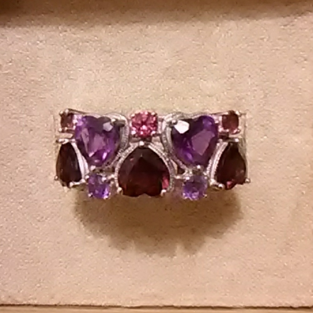 Size 8 Ring Amethyst hearts And Pink hearts